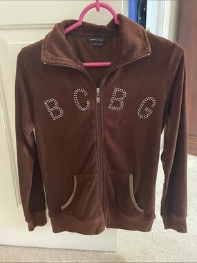 BCBG Brown Velour Zip Hoodie with Stud Logo